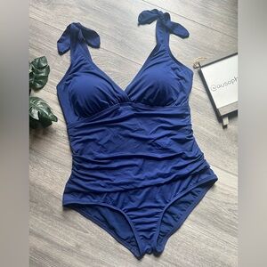 Jantzen Ruched Shoulder Tie One Piece Surplus Draped NAVY Swimsuit Sz 14